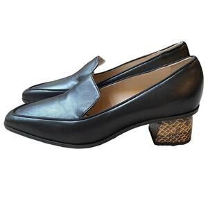 Lafayette 148 Lucia Black Leather Faux Snakeskin Chunky Heel Loafer Size 7‎ NWT
